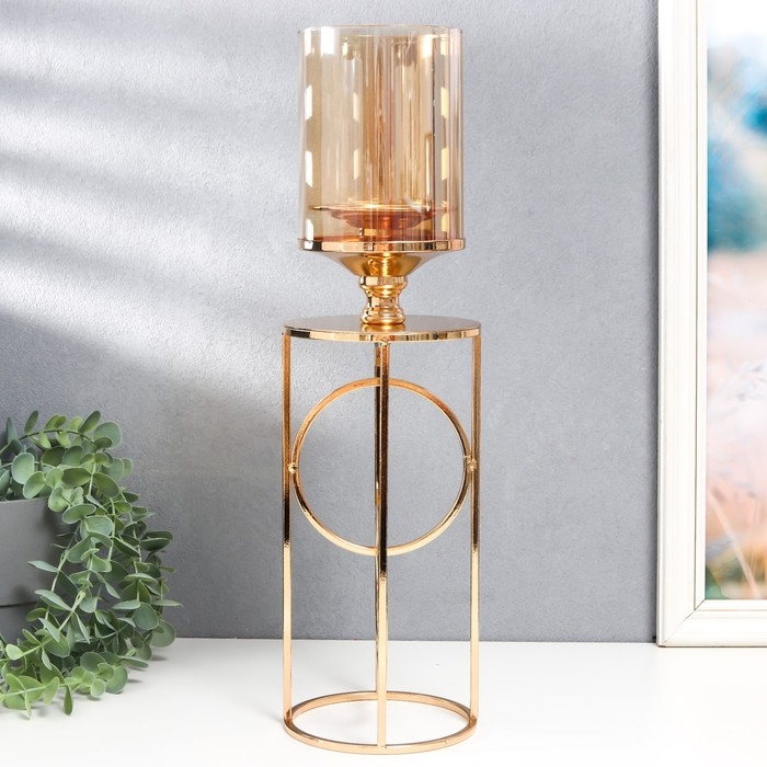 Подсвечник металл, стекло на 1 свечу "Хемена" d-5 см, золото 12х12х42,5 см