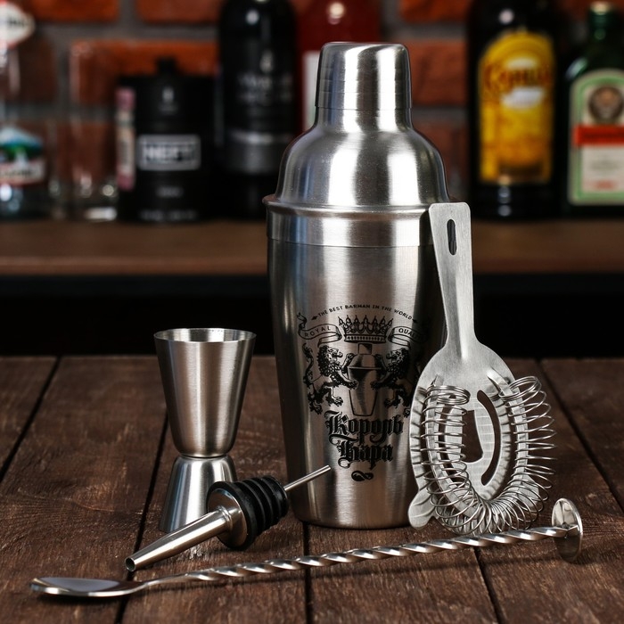 Набор для приготовления коктейлей &laquo;Король бара&raquo;, гейзер, джиггер, шейкер 600 мл, стрейнер, ложка