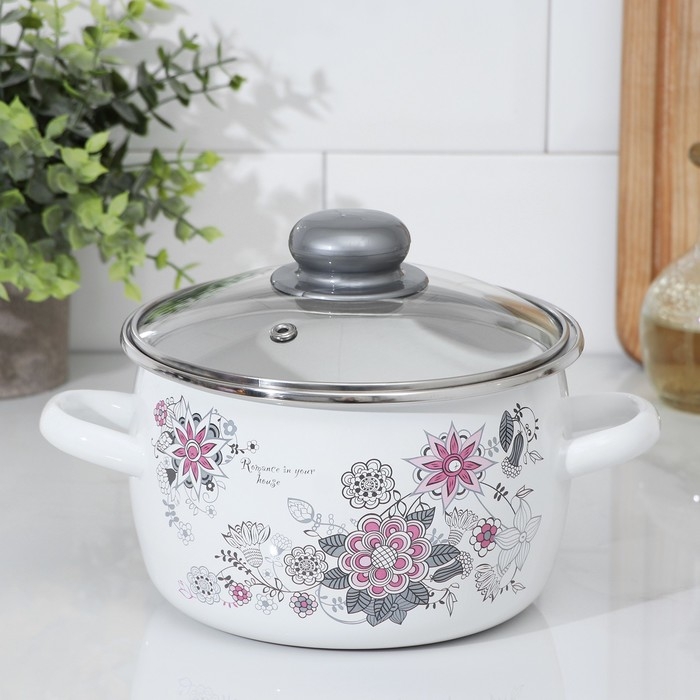 Кастрюля эмалированная &laquo;Весенний романс&raquo;, 2 л, стеклянная крышка, индукция