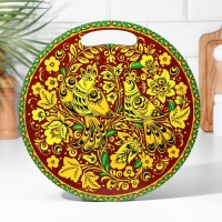 Доска разделочная и сервировочная круглая кухонная "Городецкая роспись", 25,5 см