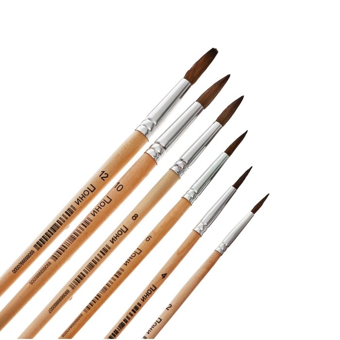 Набор кистей пони 6 штук (круглые:№ 2, 4, 6, 8, 10, 12), с деревянными ручками, на блистере