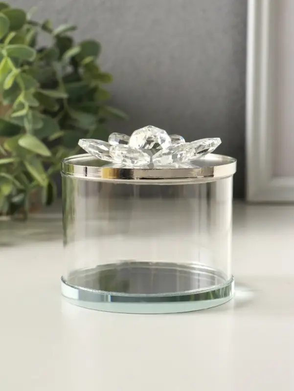 Шкатулка стекло с металлическим ободком "Лотос" серебро 8,2х8,2х8,5 см