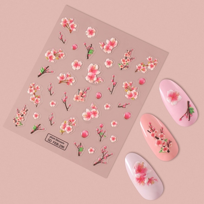 Наклейки для ногтей &laquo;Сакура&raquo;, объёмные, цвет розовый/белый