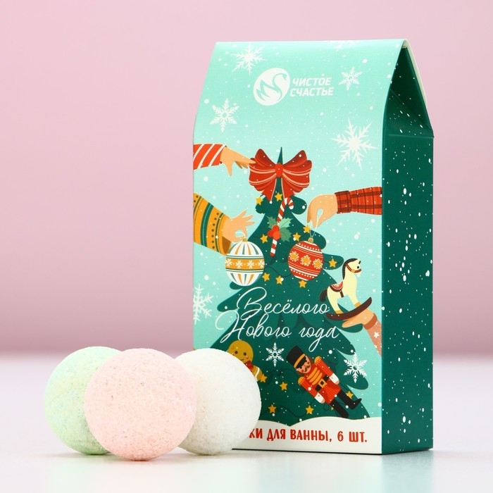 Подарочный набор косметики &laquo;Весёлого Нового Года&raquo;, бомбочки для ванны, 6 х 20 г, аромат брусничного сиропа, сладкой ваты и яблочного штруделя, ЧИСТОЕ СЧАСТЬЕ