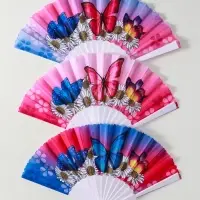 Веер пластик, текстиль "Ромашки и бабочки" МИКС широкие лопасти 23 см