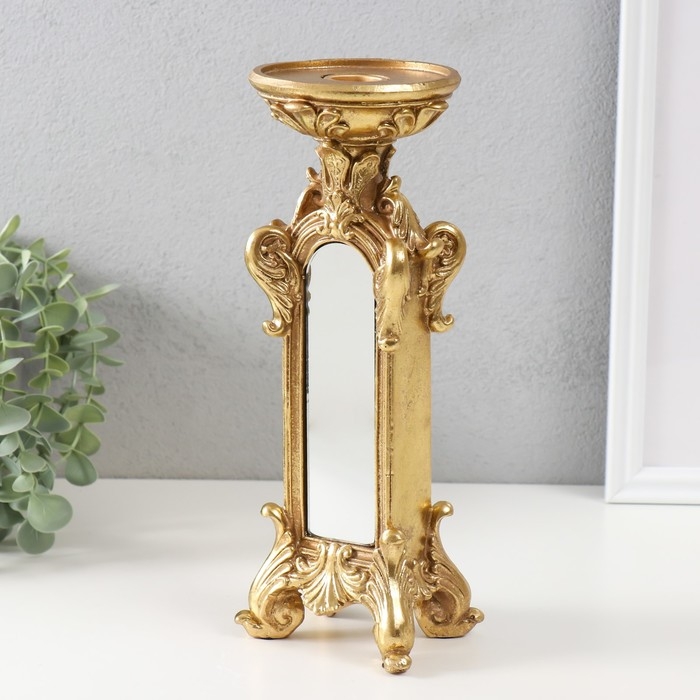 Подсвечник полистоун на 1 свечу "Империя" золото с зеркалом 9,5х7х26 см