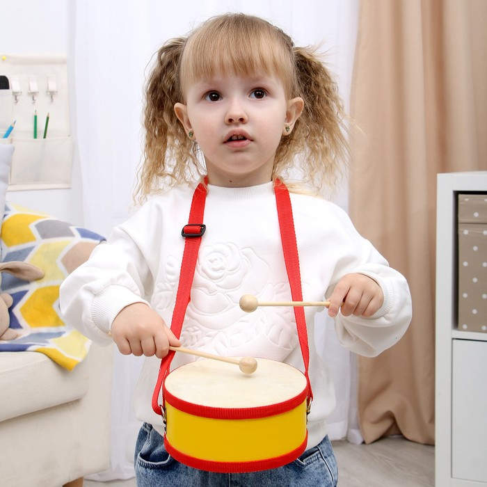 Игрушечный барабан, с палочками, на ленте, бумажная мембрана, размер: 15 &times; 15 &times; 7 см