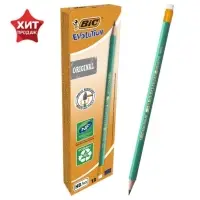 Карандаш чернографитный (простой) НВ, BIC Evolution, заточенный, пластиковый, c ластиком, шестигранный, зелёный корпус