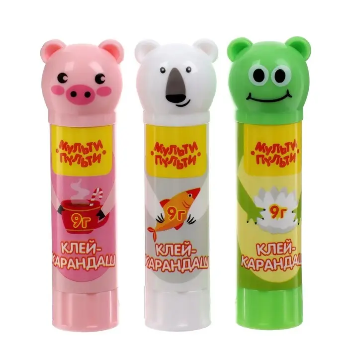 Клей-карандаш PVP 9 г Мульти-Пульти "Зверята: Свинка, Лягушка, Белый медведь", колпачок в форме животного
