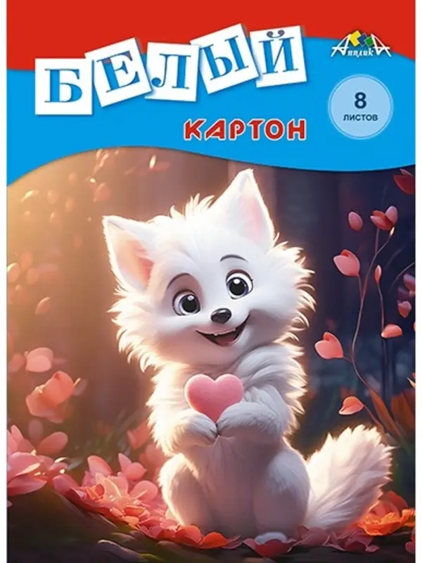 Картон белый А4, 8 листов "Белый лисёнок", немелованный, 200 г,м2, в папке