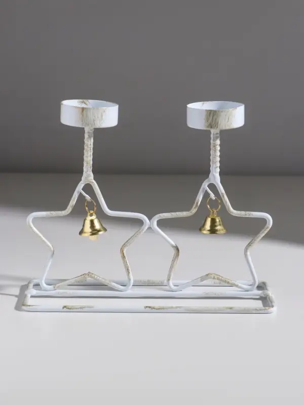 Подсвечник металл на 2 свечи "Две звезды" белый с патиной d=5 см 18,5х7,3х14,8 см