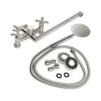 Смеситель для ванны ZEIN Z3731, двухвентильный, излив 33 см, лейка, шланг, сатин