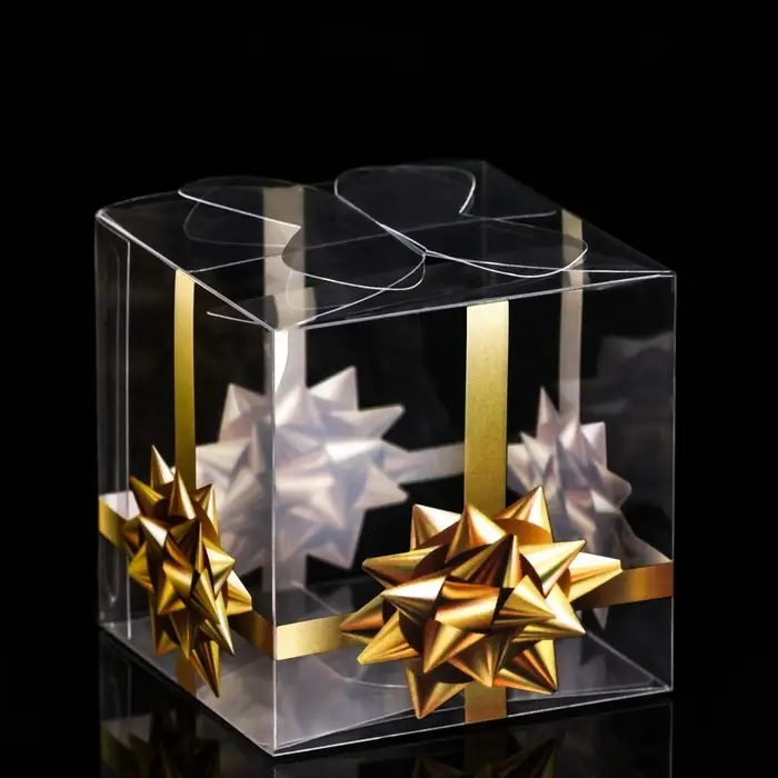 Складная прозрачная коробка из PVC, для упаковки подарков, &laquo;Золотой бантик&raquo;, 7&times;7&times;7 см