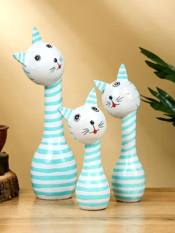 Набор сувенирный "Полосатые коты" дерево H 27, 22, 17 см, цв. бело-бирюзовый