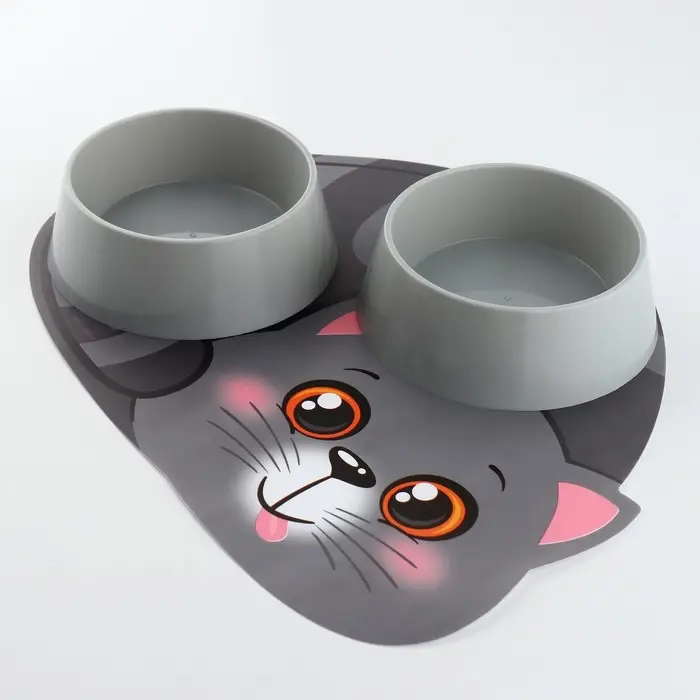 Набор коврик под миску "Вку-у-усно!" + 2 миски пластиковые серые
