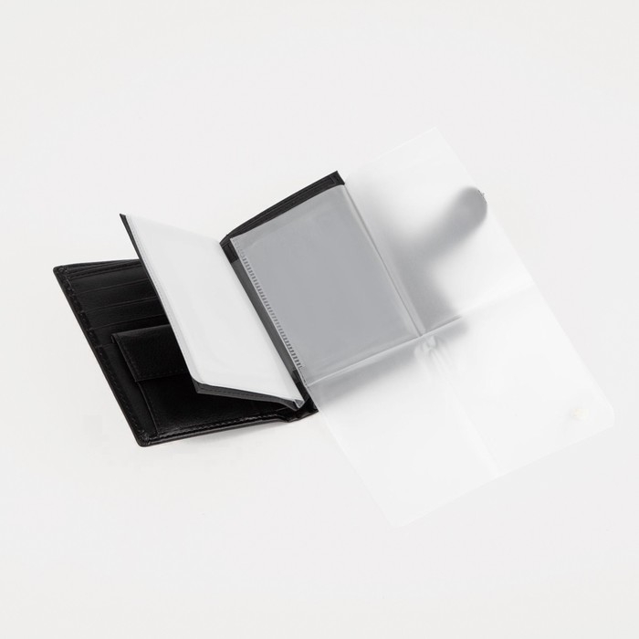 Портмоне мужское на кнопке, 3 в 1, для автодокументов и паспорта, 2 отдела, для карт, для монет, цвет чёрный