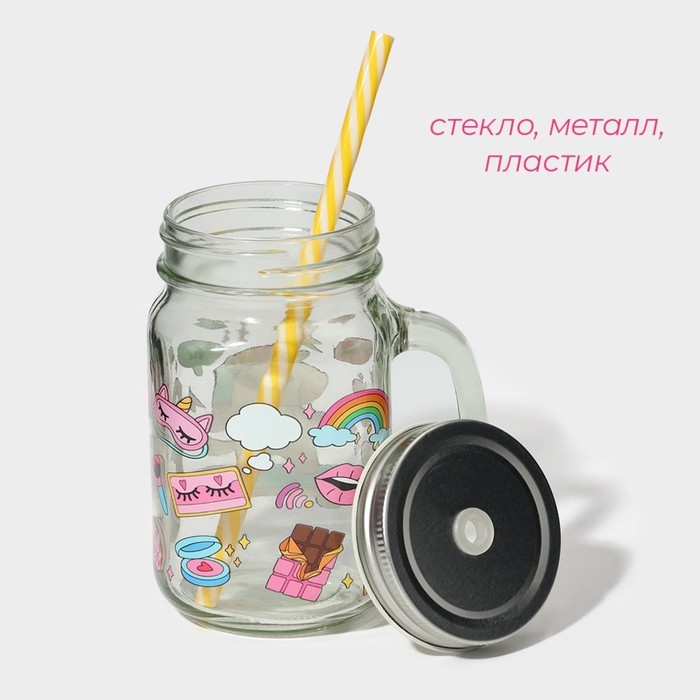 Кружка стеклянная с крышкой и трубочкой Доляна &laquo;Единорог&raquo;, 450 мл, 10&times;7,5&times;13 см,