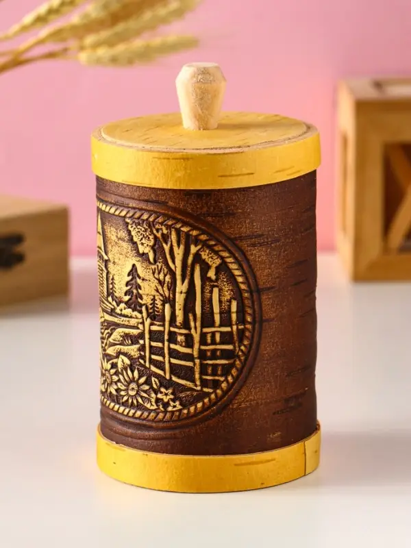 Туес "Деревенька", D8смхH(с хватком)15,5см, береста