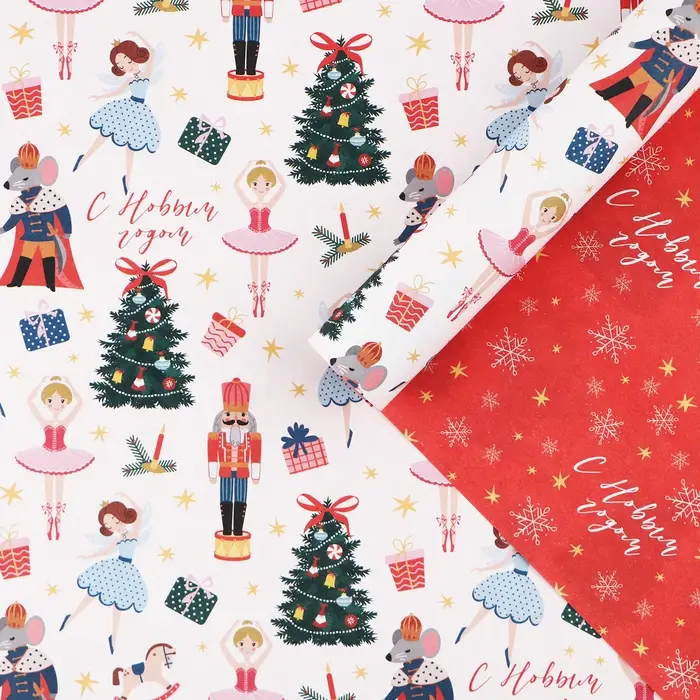 Упаковочная бумага на новый год, двухсторонняя крафтовая &laquo;Новогодний щелкунчик&raquo;, 70 х 100 см