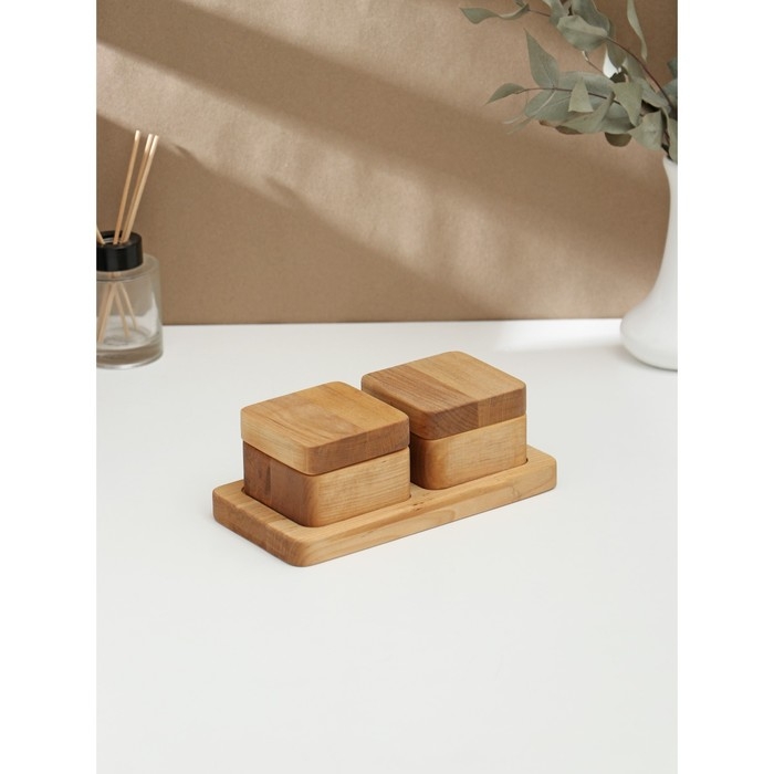 Набор для специй Adelica, 2 банки с крышкой на деревянной подставке, пропитано маслом, 20&times;10&times;1,8 см, берёза