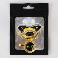 Соска - пустышка силиконовая ортодонтическая &laquo;BOSS&raquo;, от 6 мес., с колпачком + держатель - цепочка, цвет черный/золото, стразы