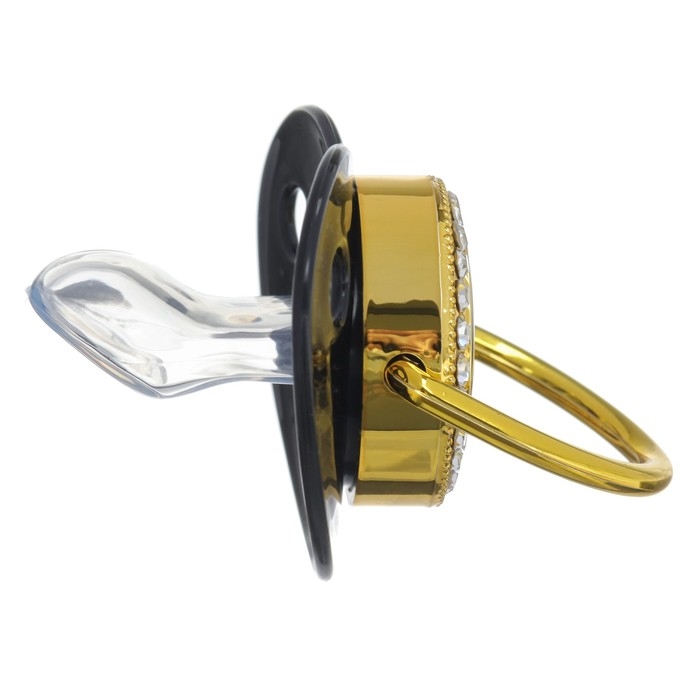 Соска - пустышка силиконовая ортодонтическая &laquo;Наш ангел&raquo;, от 6 мес., с колпачком + держатель - цепочка, цвет черный/золото, стразы