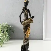 Сувенир полистоун "Африканка в косынке с цветами и барабаном" чёрный 8,5х8,5х39 см