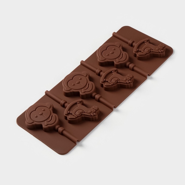 Форма для леденцов Доляна &laquo;Детство&raquo;, силикон, 24&times;9,5 см, 6 ячеек (5&times;4,6), с палочками, цвет коричневый