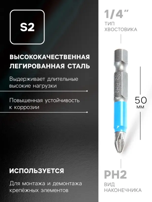 Бита ТУНДРА, сталь S2, отрывная лента, PH2 х 50 мм