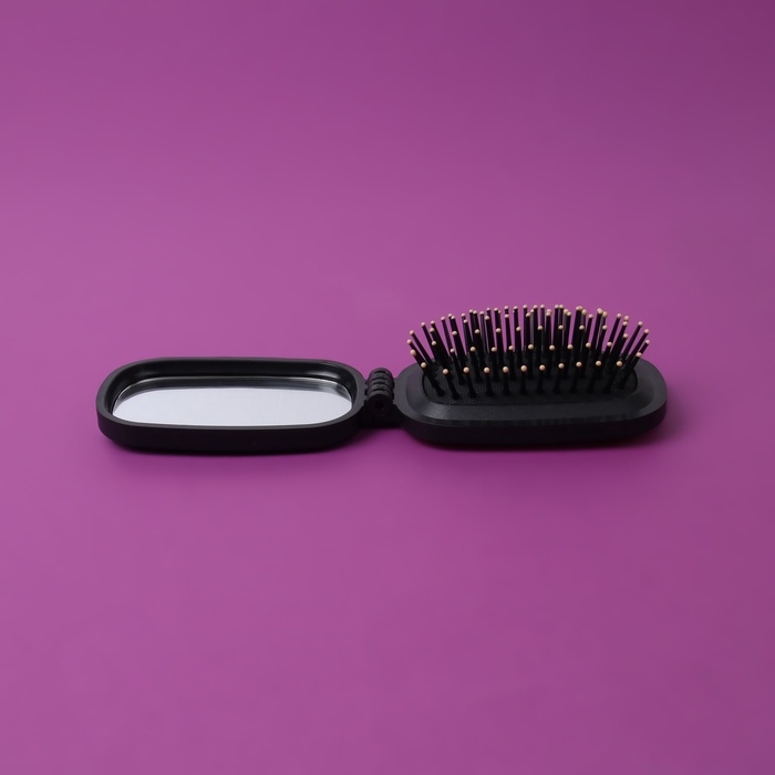 Расчёска массажная, складная, зеркалом, 9,5 &times; 5,5 см, цвет чёрный