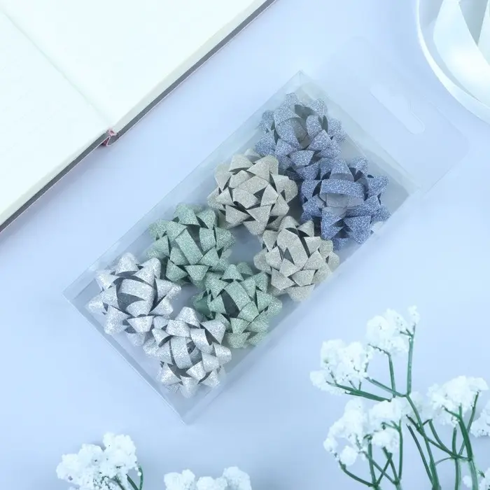 Бант - звезда №3.5, фасовка 8 шт., с блестками, МИКС