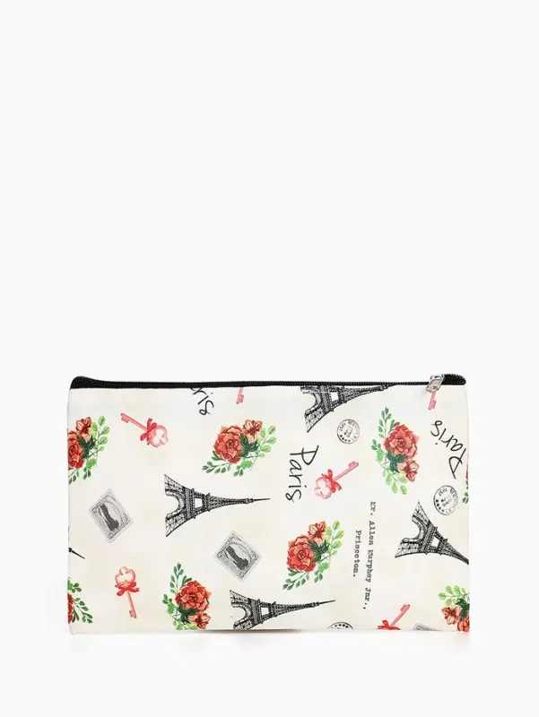 Косметичка-пенал на молнии, плоская, с рисунком, бежевая