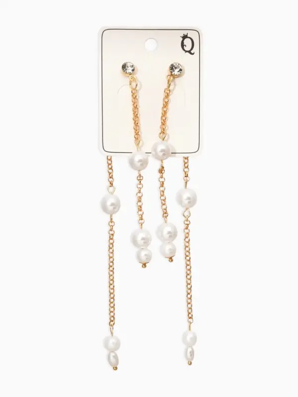 Серьги жемчуг "Цепочки" двойные, цвет белый в золоте