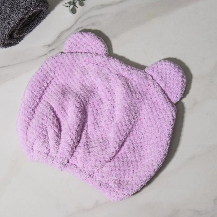 Чалма для сушки волос Доляна &laquo;Медвежонок&raquo;, микрофибра, цвет розовый