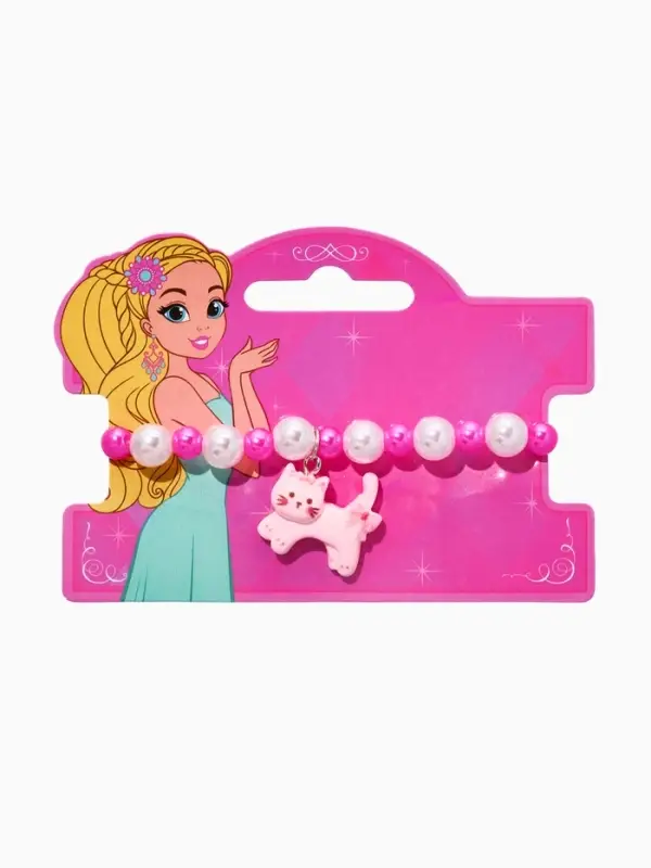 Браслет детский "Выбражулька" котик, бант, жемчуг, цвет бело-розовый