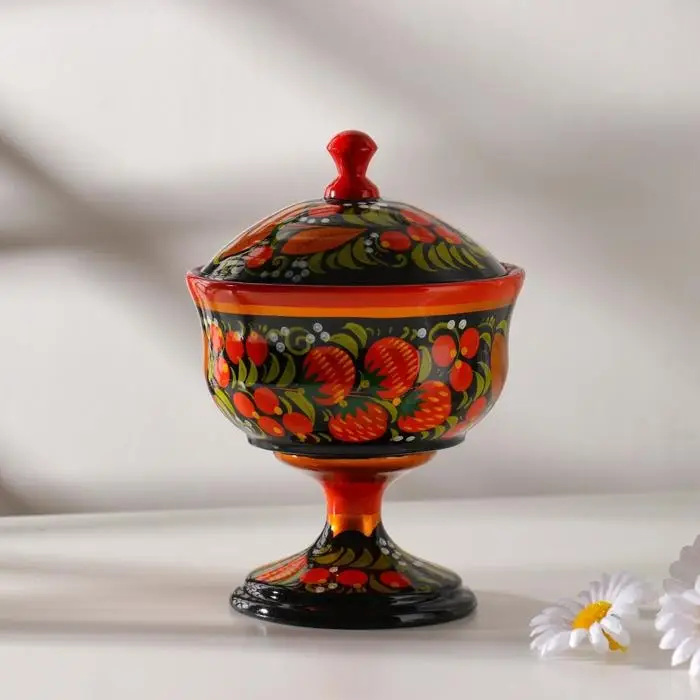 Конфетница, с крышкой, большая, хохлома