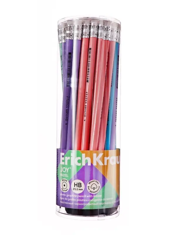 Карандаш чернографитный с ластиком ErichKrause &laquo;Pastel&raquo;, HB, грифель d=2.2 мм, пластик, круглый в тубусе, пастель МИКС