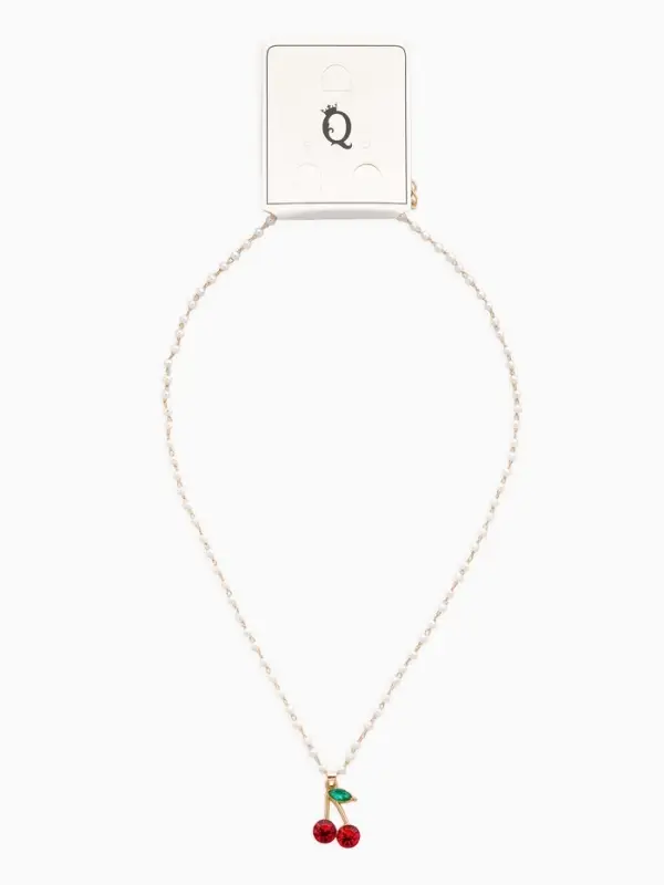 Кулон на жемчужной дорожке "Вишенка", цвет бело-красный в золоте 44+удл.