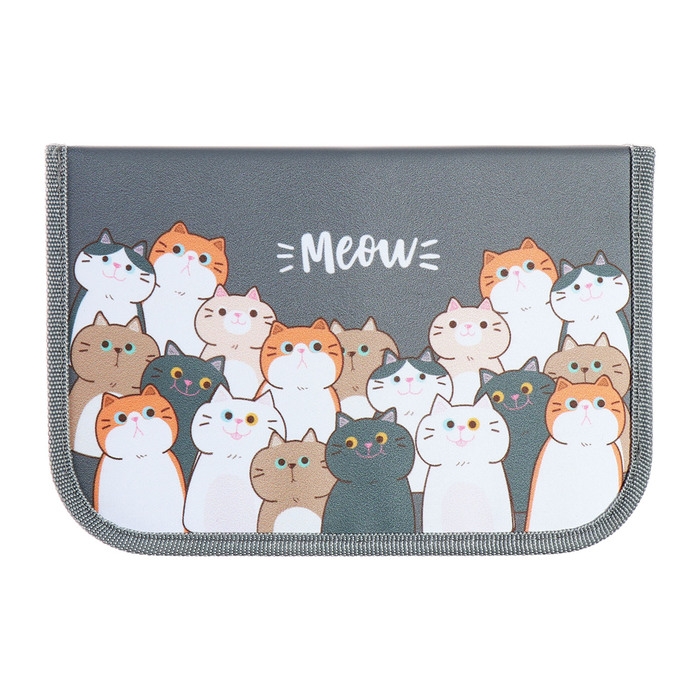 Пенал 1 секция 140 х 210 х 40 мм, откидной карман и косметичка, тканевый, Calligrata TOP Content "Коты"
