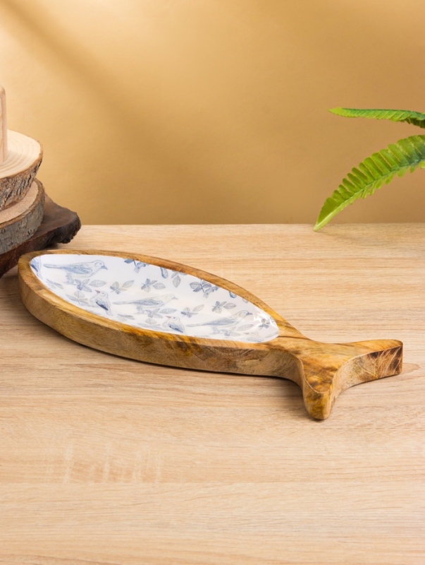 Блюдо в форме рыбки "Синие птицы" дерево манго 32х11,5х2 см