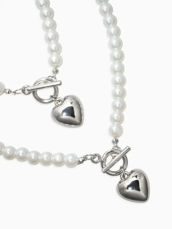 Набор 2 пред-та: бусы.браслет "Жемчуг", сердце, цвет белый в серебре L=18/42см №8