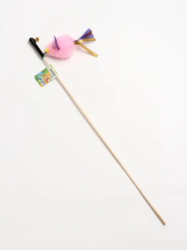 Дразнилка - удочка "Мышка" с колокольчиком, на деревянной палочке, розовая
