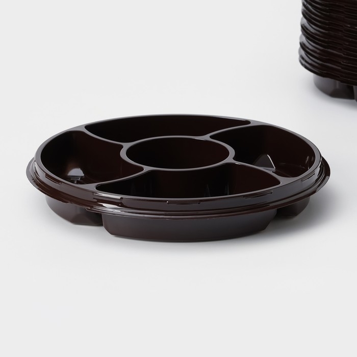 Менажница пластиковая одноразовая, d=26&times;4,2 см, 5 секций, дно, круглая, цвет коричневый