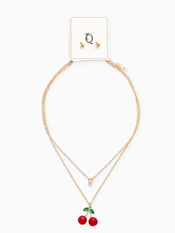 Набор 2 пред-та: пуссеты,кулон "Вишенка со стразинкой", цвет красный в золоте 50+40см. d4