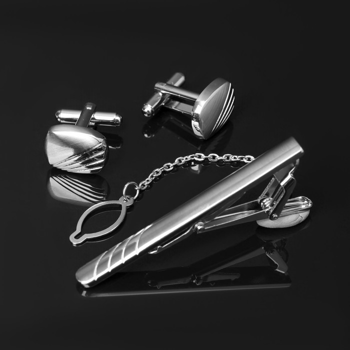 Набор мужской стальной &laquo;Запонки + Зажим для галстука&raquo; линии, цвет серебро