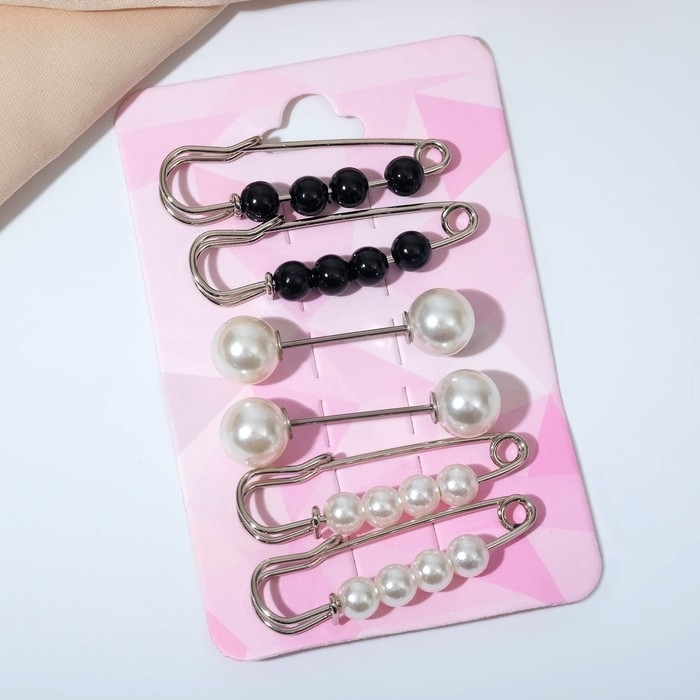 Набор булавок (6 шт.) &laquo;Жемчужины&raquo;, 3,5 см, цвет чёрно-белый в серебре