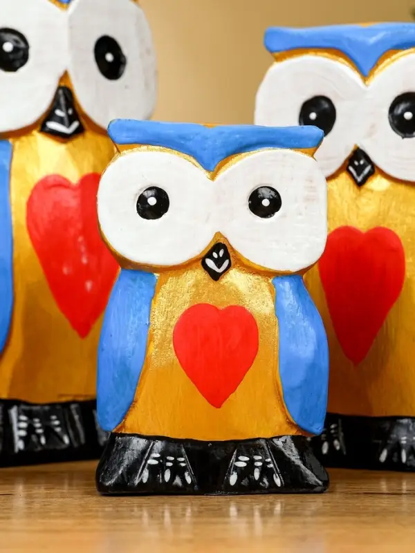 Набор сувенирный "Совята с сердечком" дерево H 15, 13, 11 см, цв. голубой с золотом