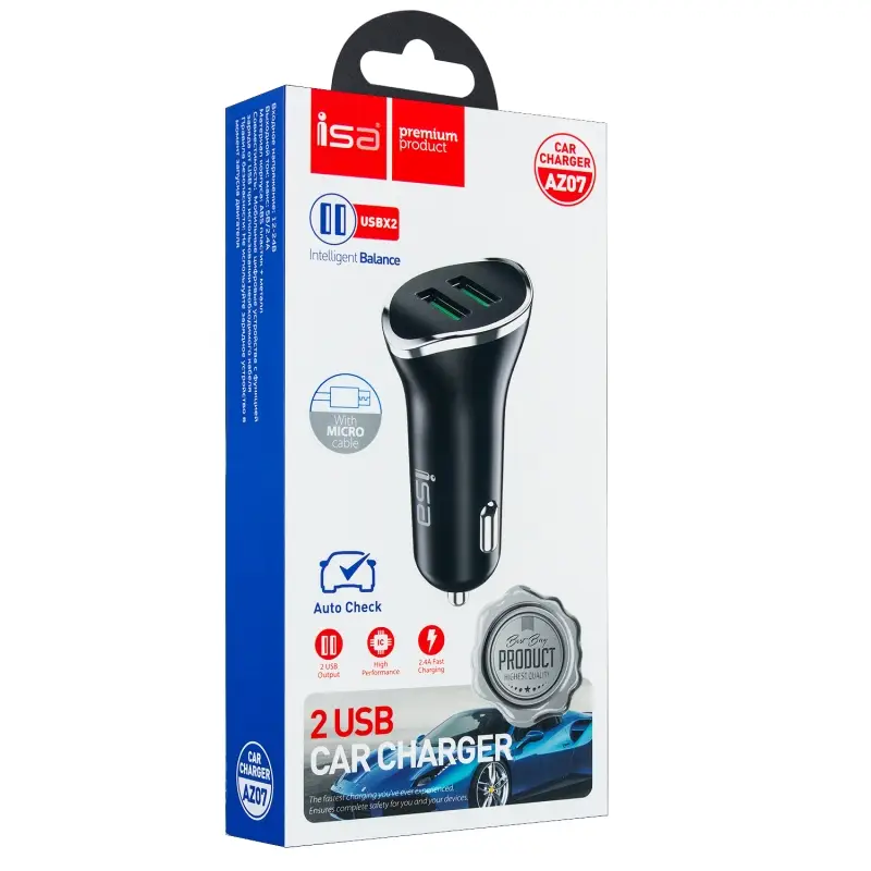 АЗУ AZ-07 USB на Micro USB + 2 USB 2A ISA черное