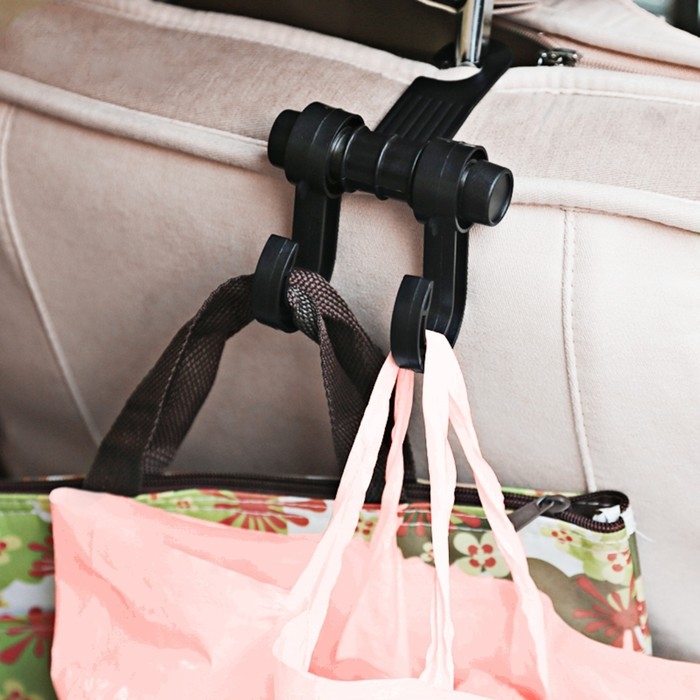 Вешалка-крючок на подголовник, два крючка, пластик, чёрный