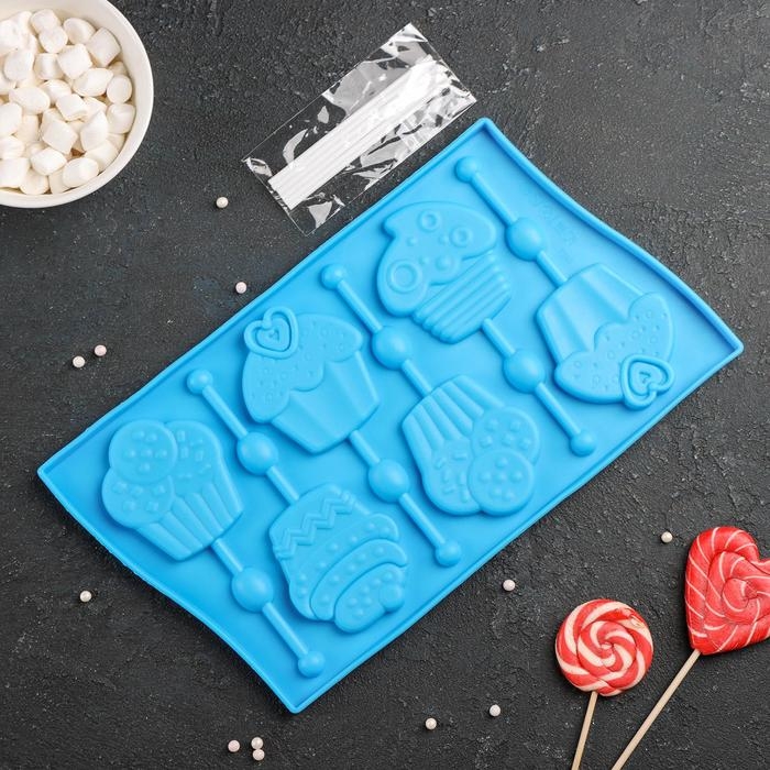 Форма для леденцов Доляна &laquo;Капкейк&raquo;, силикон, 27,5&times;16,5 см, 6 ячеек (6&times;7 см), с палочками, цвет МИКС